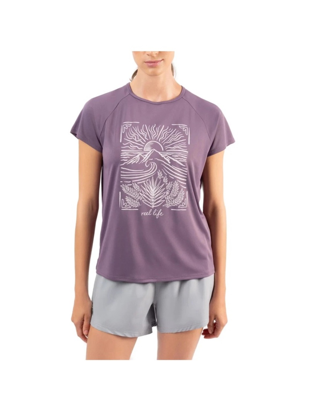 Reel Life Ladies' Split Back Graphic Tee, Purple, Large Women's Size Large